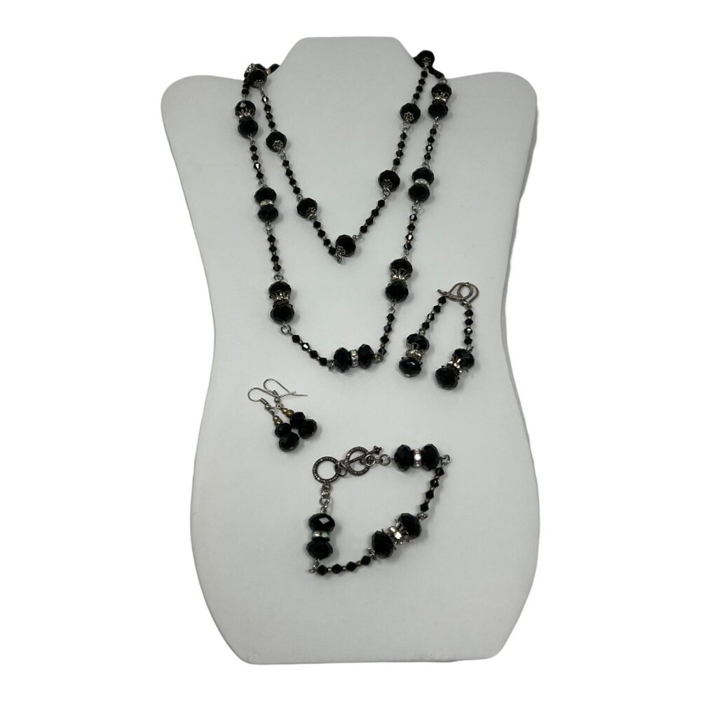 4 Piece Set Necklace Bracelet 2 Pair of Earrings Handmade Black Clear Crystals